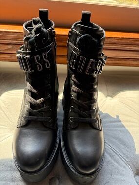 GUESS Black Lace-Up Platform Combat Boots with Logo Strap